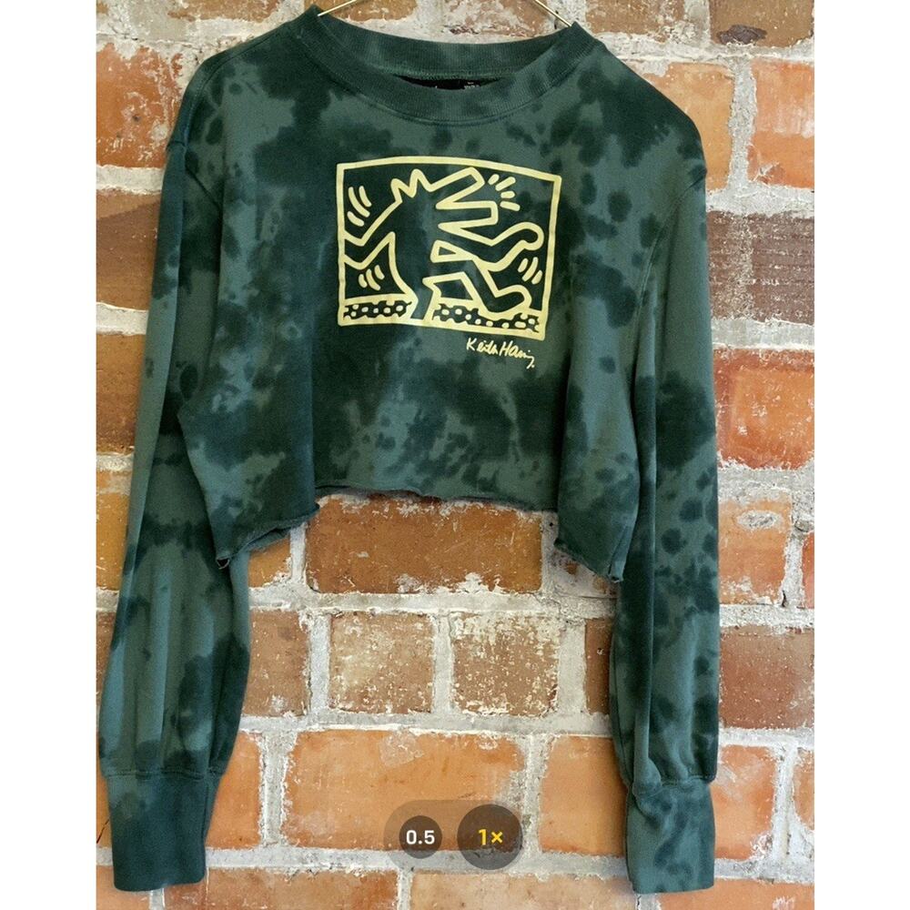 Keith Haring Wide Rib Cropped Graphic Green tie-dye Crewneck Sweatshirt‎
